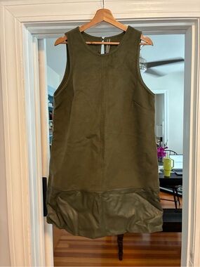 Anthropologie Olive Green Sleeveless Shift with Leather-Look Hem